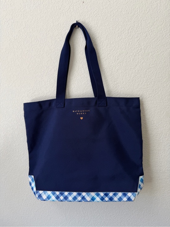 Bath & Body Works Handbags - Bath & Body Works Navy Blue Gingham Trim Tote